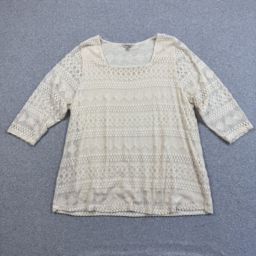 Lucky Brand Lined Sheer Lace Tunic Top‎ Womens 2X 3/4 Sleeve Square Neck Ivory